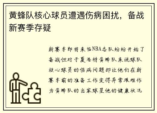 黄蜂队核心球员遭遇伤病困扰，备战新赛季存疑