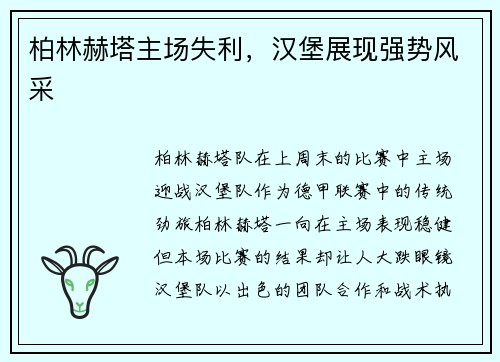 柏林赫塔主场失利，汉堡展现强势风采